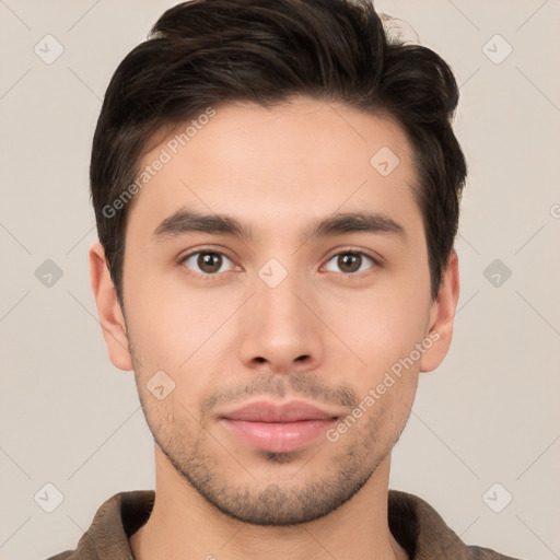 Neutral white young-adult male with short  brown hair and brown eyes