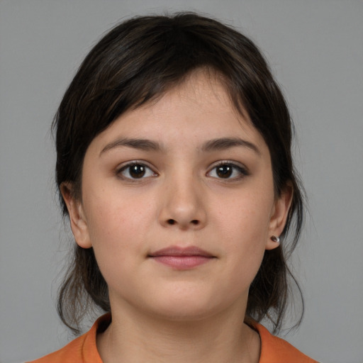 Neutral white young-adult female with medium  brown hair and brown eyes