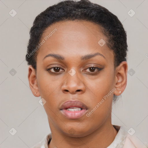 Neutral black young-adult female with short  brown hair and brown eyes