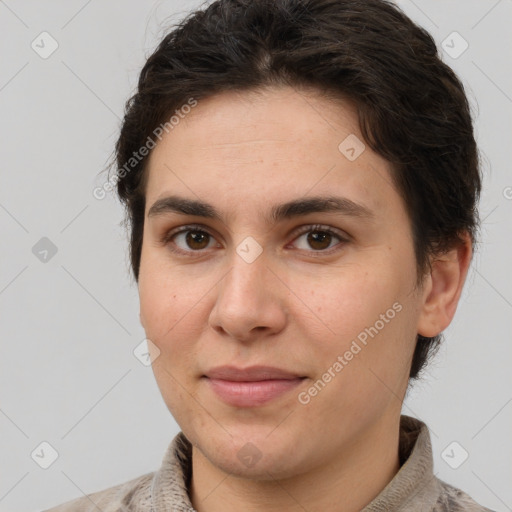 Joyful white young-adult female with short  brown hair and brown eyes