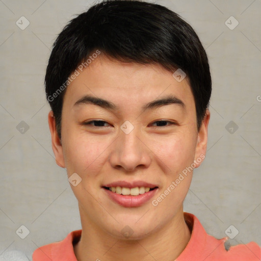 Joyful asian young-adult female with short  brown hair and brown eyes