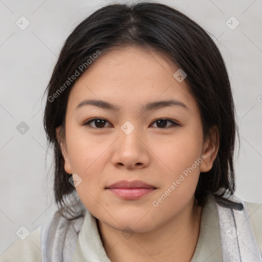 Neutral white young-adult female with medium  brown hair and brown eyes