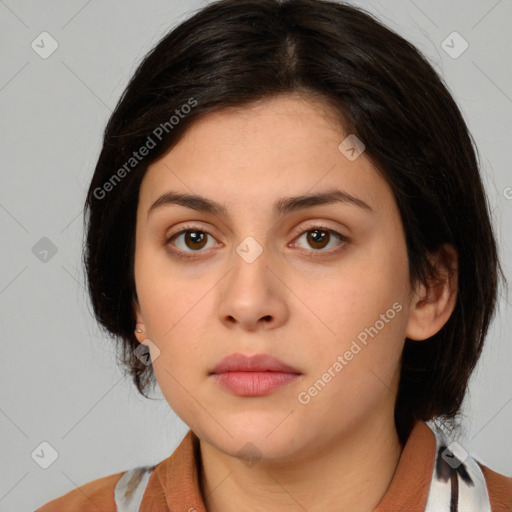 Neutral white young-adult female with medium  brown hair and brown eyes