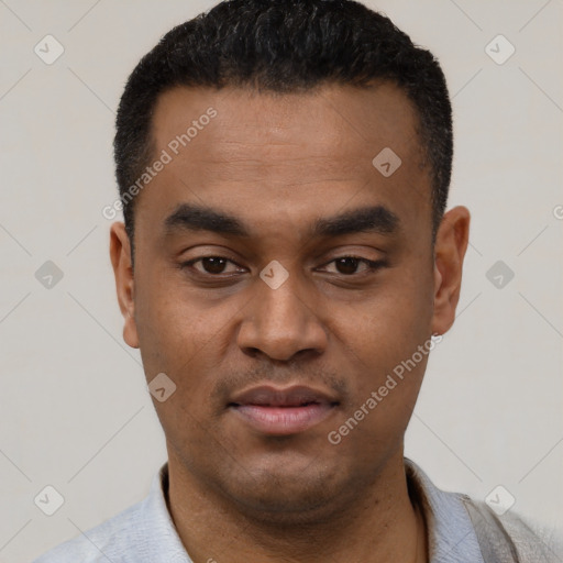 Neutral latino young-adult male with short  black hair and brown eyes