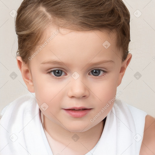 Joyful white child female with short  brown hair and brown eyes