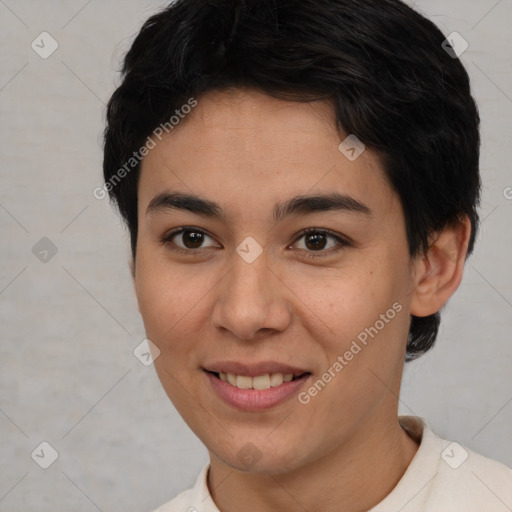 Joyful asian young-adult female with short  brown hair and brown eyes