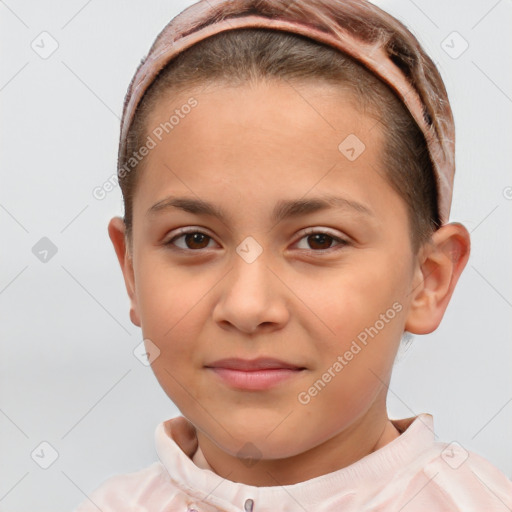 Joyful white child female with short  brown hair and brown eyes