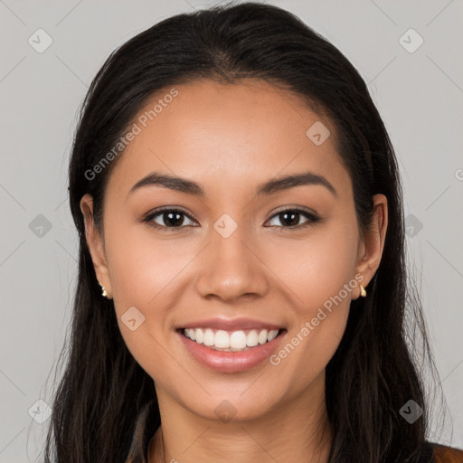 Joyful white young-adult female with long  black hair and brown eyes