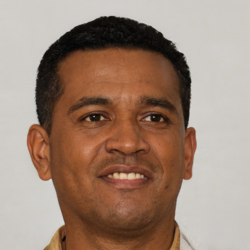 Neutral black adult male with short  brown hair and brown eyes