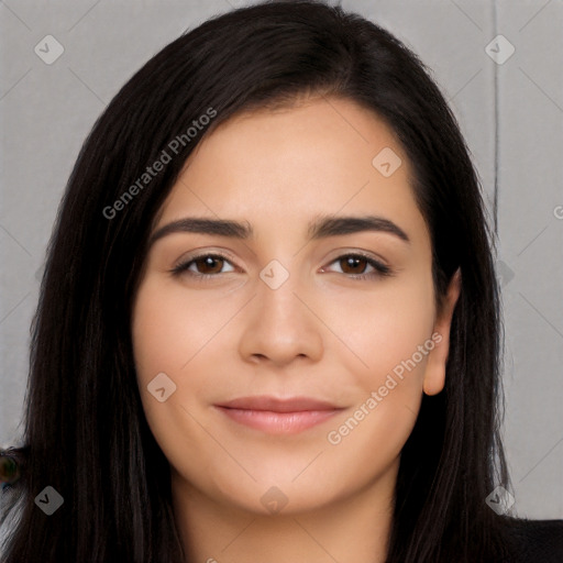 Joyful white young-adult female with long  black hair and brown eyes