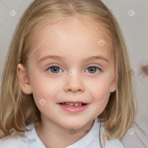 Joyful white child female with medium  brown hair and blue eyes