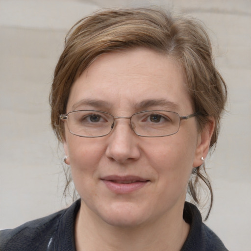 Joyful white adult female with medium  brown hair and blue eyes