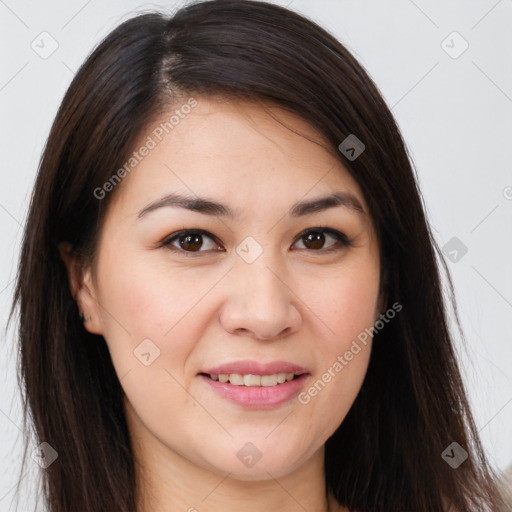 Joyful white young-adult female with long  brown hair and brown eyes