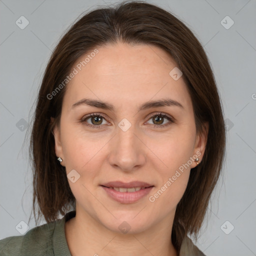 Joyful white young-adult female with medium  brown hair and brown eyes