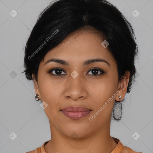 Joyful latino young-adult female with medium  black hair and brown eyes