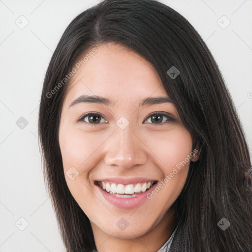 Joyful white young-adult female with long  brown hair and brown eyes