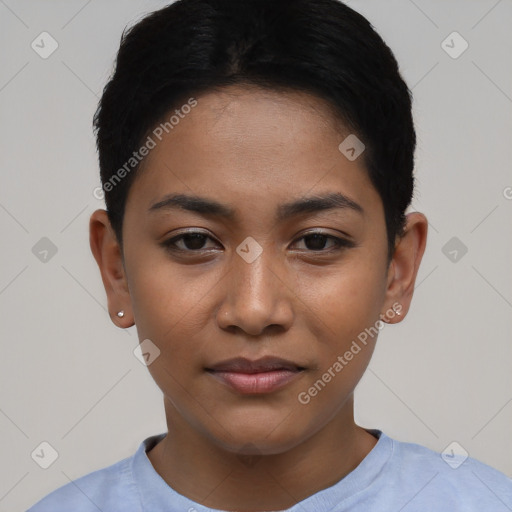 Joyful asian young-adult female with short  black hair and brown eyes