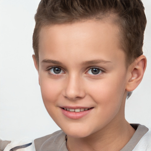 Joyful white child female with short  brown hair and brown eyes