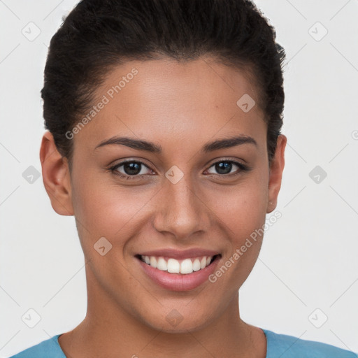 Joyful white young-adult female with short  brown hair and brown eyes