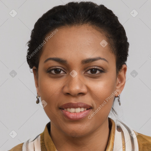 Joyful latino young-adult female with short  brown hair and brown eyes