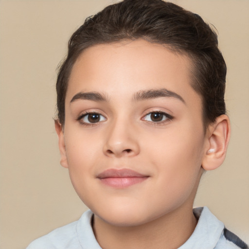 Joyful white child female with short  brown hair and brown eyes