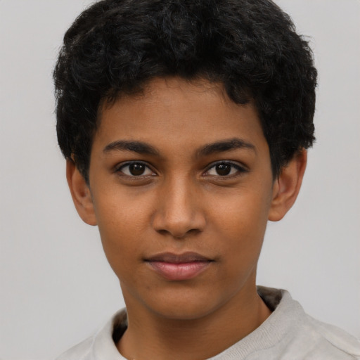 Neutral latino young-adult female with short  brown hair and brown eyes