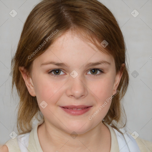 Joyful white child female with medium  brown hair and brown eyes