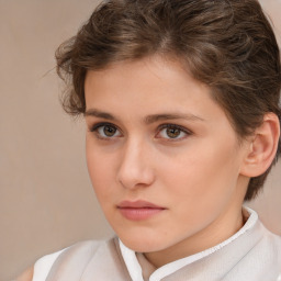 Neutral white young-adult female with short  brown hair and brown eyes