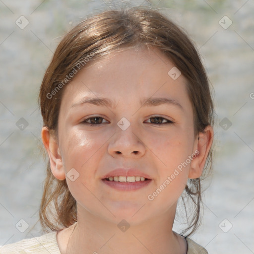 Joyful white child female with medium  brown hair and brown eyes