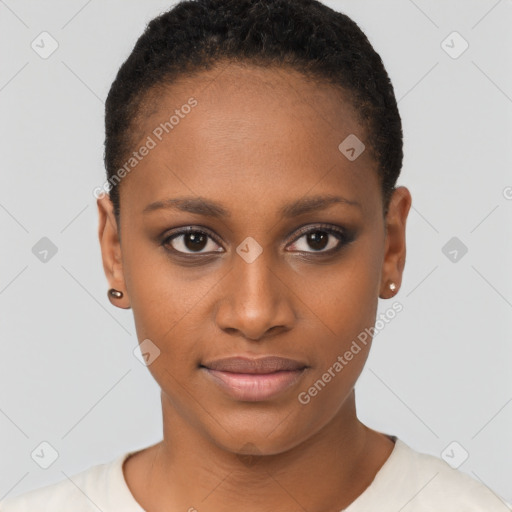 Joyful black young-adult female with short  brown hair and brown eyes