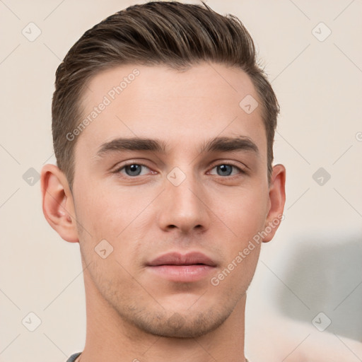 Neutral white young-adult male with short  brown hair and brown eyes