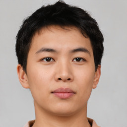 Neutral asian young-adult male with short  brown hair and brown eyes