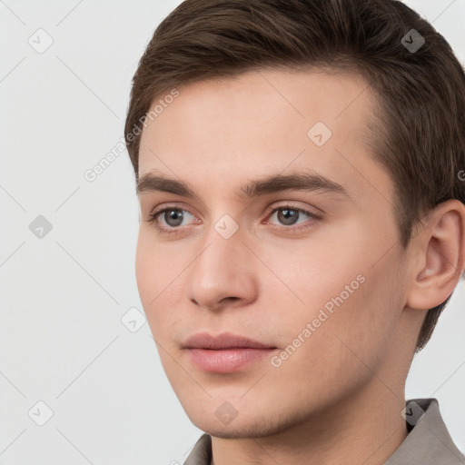 Neutral white young-adult male with short  brown hair and grey eyes