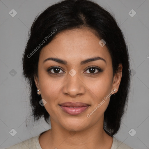 Joyful latino young-adult female with medium  brown hair and brown eyes