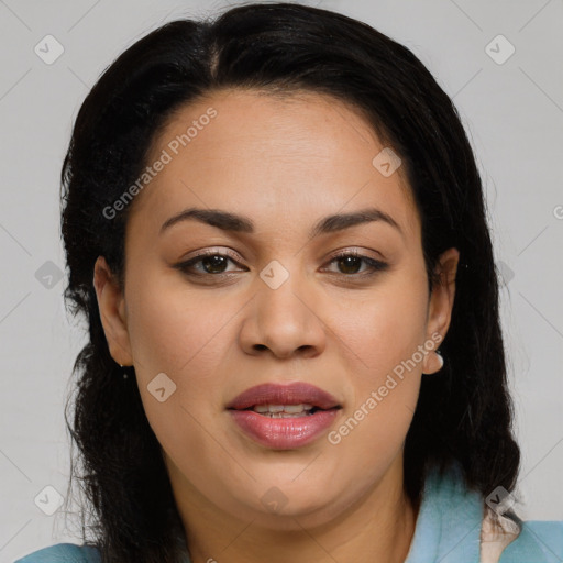 Joyful latino young-adult female with medium  brown hair and brown eyes