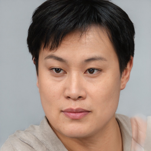 Neutral asian young-adult female with short  brown hair and brown eyes
