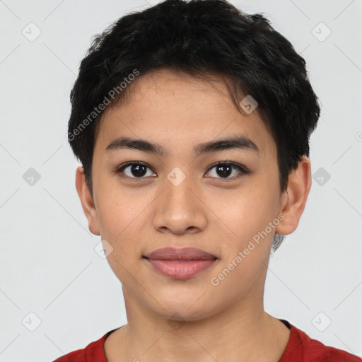 Joyful latino young-adult female with short  brown hair and brown eyes