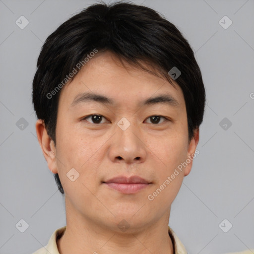 Neutral asian young-adult male with short  brown hair and brown eyes