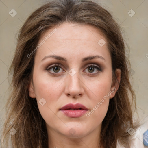 Joyful white young-adult female with medium  brown hair and green eyes