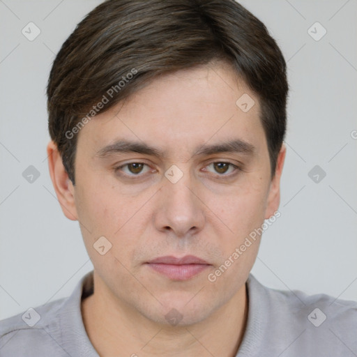 Neutral white young-adult male with short  brown hair and brown eyes