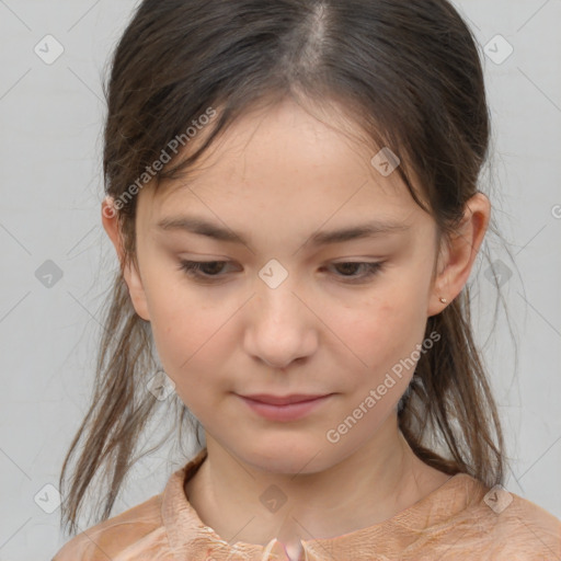 Joyful white child female with medium  brown hair and brown eyes