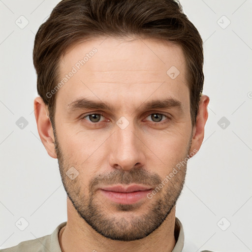 Neutral white young-adult male with short  brown hair and grey eyes