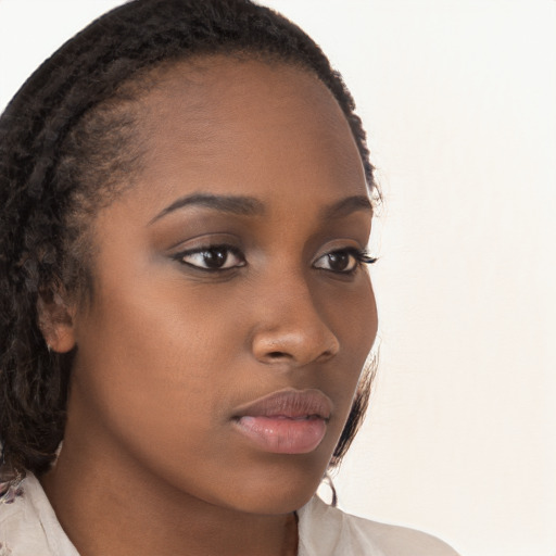 Neutral black young-adult female with long  brown hair and brown eyes