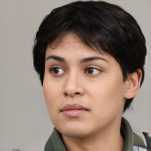Neutral asian young-adult female with medium  black hair and brown eyes
