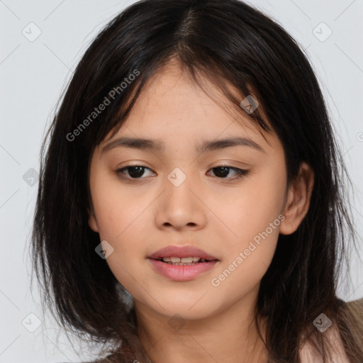 Joyful asian young-adult female with long  black hair and brown eyes