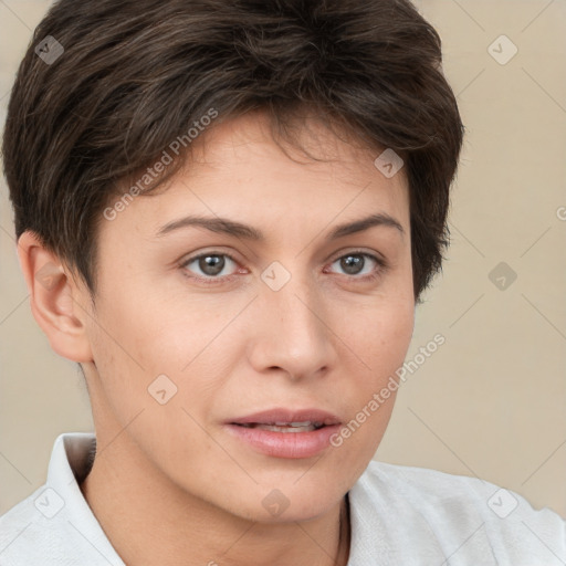 Neutral white young-adult female with short  brown hair and brown eyes