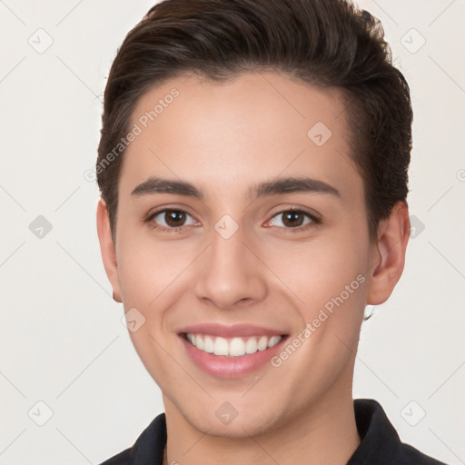 Joyful white young-adult female with short  brown hair and brown eyes