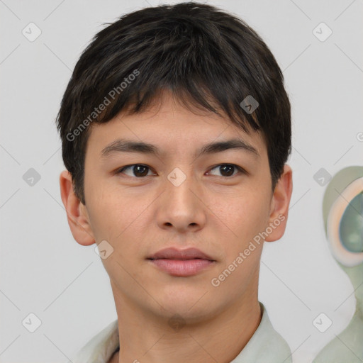 Neutral asian young-adult male with short  brown hair and brown eyes
