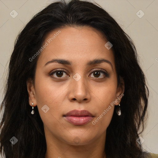 Joyful latino young-adult female with long  brown hair and brown eyes