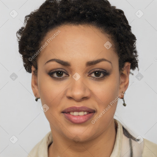 Joyful black young-adult female with short  brown hair and brown eyes